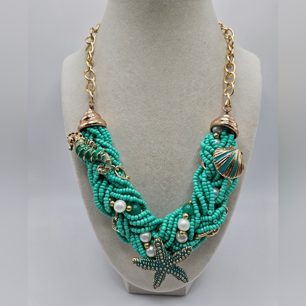 Ocean Nautical Starfish Turquoise Braided Beaded Gold Tone Statement Necklace